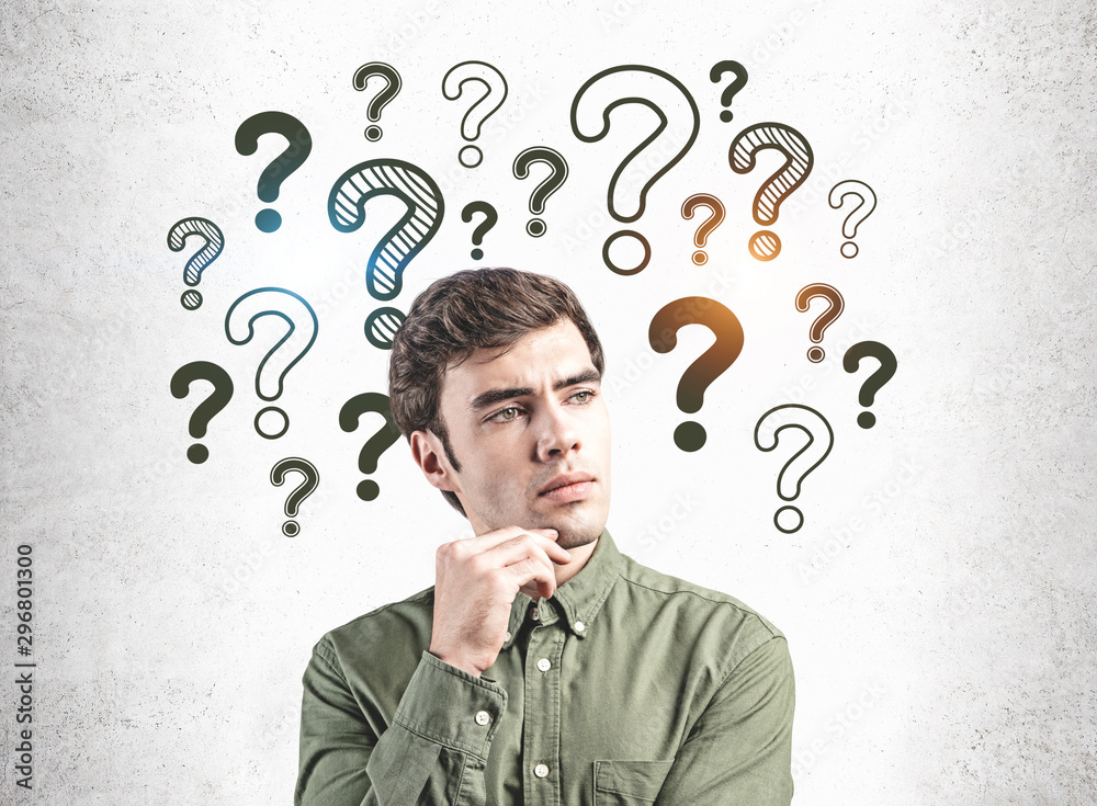Thoughtful young man and his questions Thoughtful young man and his questions