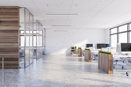 White and dark wood open space office interior