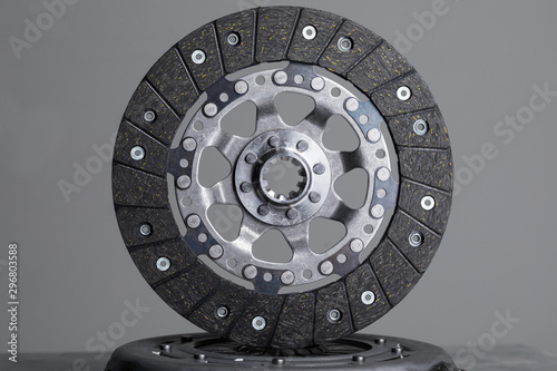 Brake rotor on gray background, new level of quality to high performance brake components photo