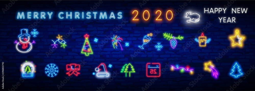 Christmas icon set. Merry Christmas and Happy New Year. Set neon icon, label, emblem. Bright signboard, light banner. Vector illustration