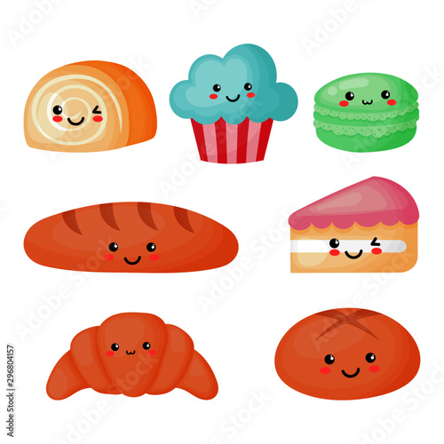 set of cute funny sweet and dessert icons kawaii style isolated on white background. illustration vector. 