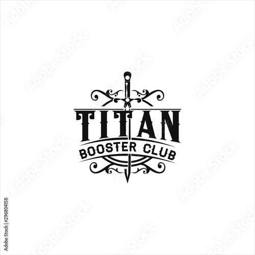 Vintage badge with classic lettering and sword vector in black color. Athletics emblem logo template. Sport arm of coat icon inspiration.