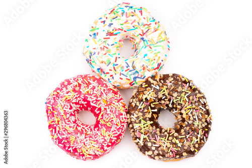 Delicious sweet donuts on white background