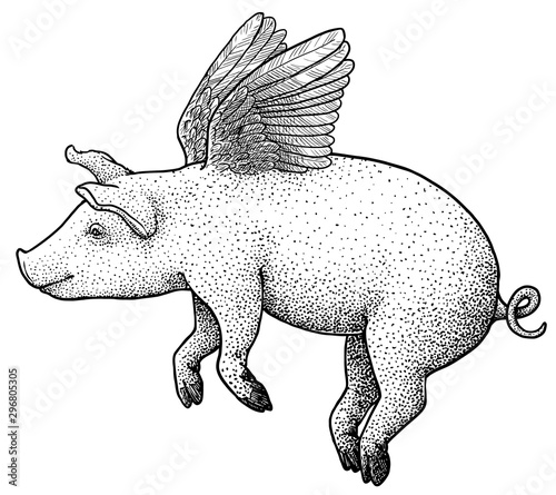 Flying pig illustration, drawing, engraving, ink, line art, vector
