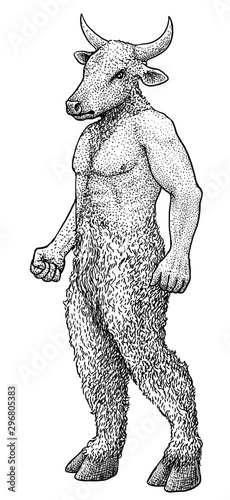 Minotaur illustration, drawing, engraving, ink, line art, vector