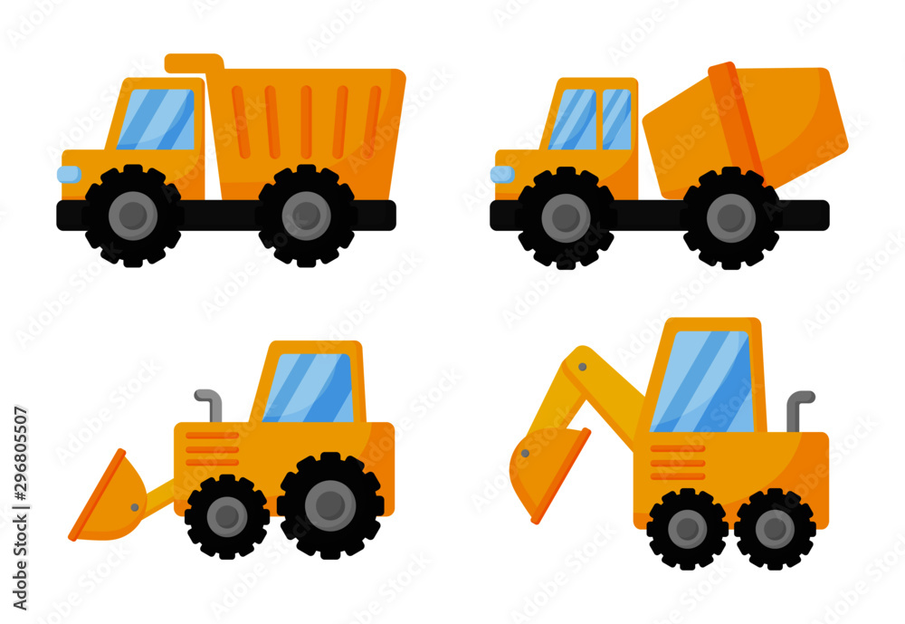 tractor, excavator, bulldozer and trucks. construction equipment and machinery isolated on white background. illustration vector.  