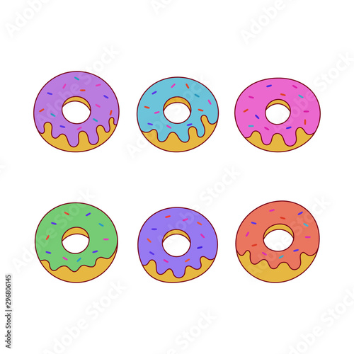 kawaii Cute Pastel donuts Sweet summer desserts cartoon with different types isolated on White Background for cafe or restaurant. illustration Vector.