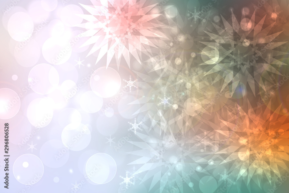 Fototapeta premium A festive abstract Happy New Year or Christmas texture background and with colorful gold yellow pink blurred bokeh lights and stars. Space for design. Card concept or advertising.