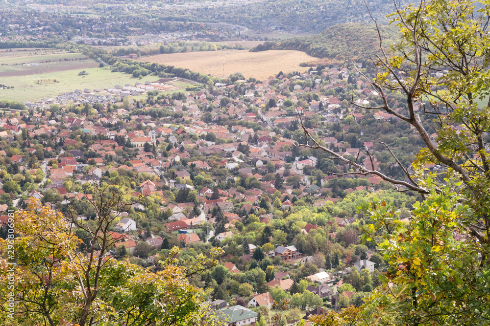 Pilisborosjeno, Hungary - Oct 11, 2019: View of Pilisborosjeno at autumn, a small picturesque village in the Pilis Mountains is a mountainous region in the Transdanubian Mountains Pilisborosjeno, Hungary - Oct 11, 2019: View of Pilisborosjeno at autumn, a small picturesque village in the Pilis Mountains is a mountainous region in the Transdanubian Mountains