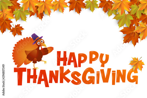 Happy Thanksgiving Typography With Leaves & Turkey 