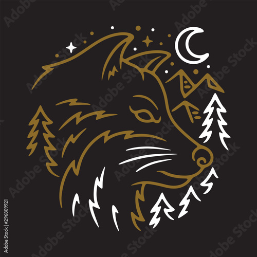 Animal Wolf Night Line Graphic Illustration Vector Art T-shirt Design