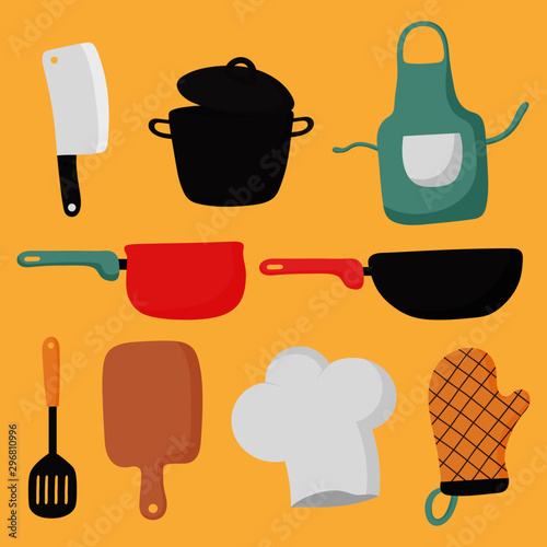 cooking foods and kitchen icons set on yellow background. vector illustration. 