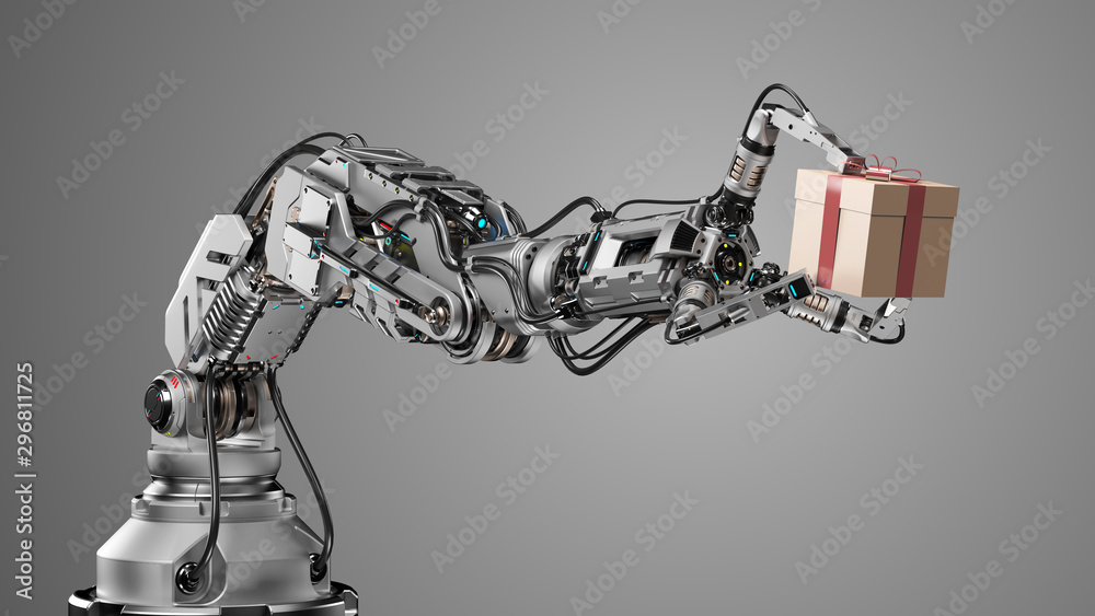 Very detailed futuristic arm or cybernetic hand offering a gift. Isolated on gray background. 3d render Very detailed futuristic arm or cybernetic hand offering a gift. Isolated on gray background. 3d render