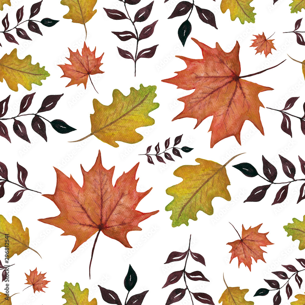 Fototapeta premium watercolor autumn leaves isolated on white background, autumn decoration seamless pattern
