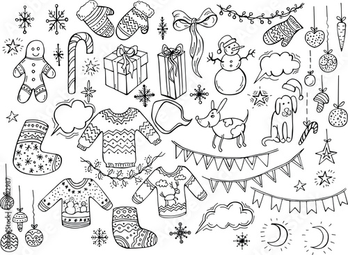 Holiday Collection. Set of christmas characters and decorations. Snowman, dog, snowflakes, gift, garland, cookie, jacket, sock, mittens, balls. Vector illustration. Merry Christmas. New Year.