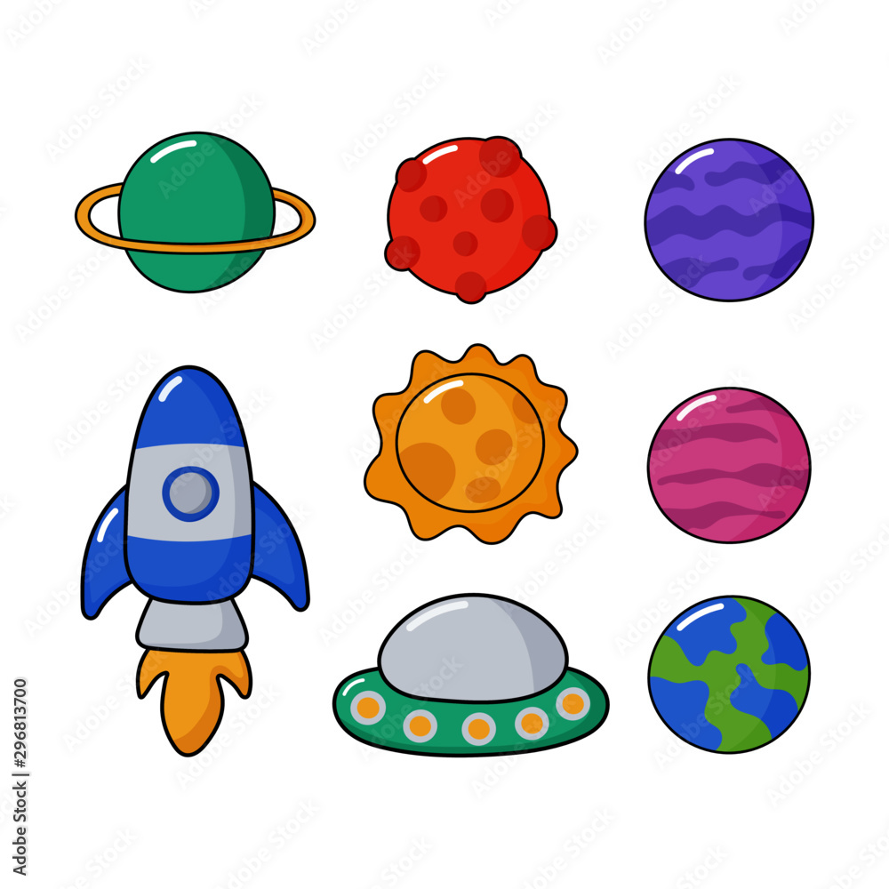 Fototapeta premium set of kawaii space icons. planets cartoon style. isolated on white background. vector illustration.