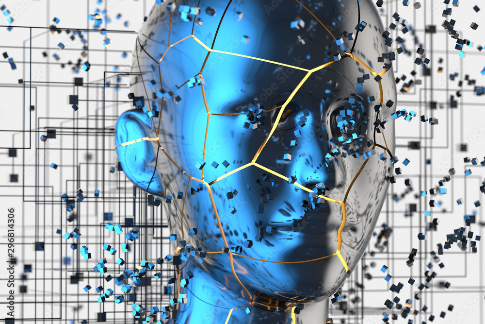 Blue metal human head with particles, 3d rendering. - obrazy, fototapety, plakaty 