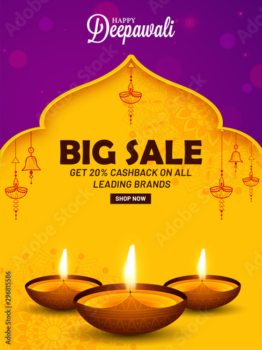 Creative banner, poster or card design on the indian festival of Lights Diwali on indian traditionla mandala background with beautiful creative hanggings. Happy Diwali.