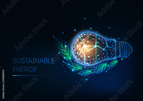 Futuristic sustainable energy concept with low polygonal light bulb, wind turbines and green leaves