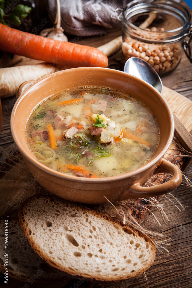 Pea soup with vegetables and bacon. Pea soup with vegetables and bacon.