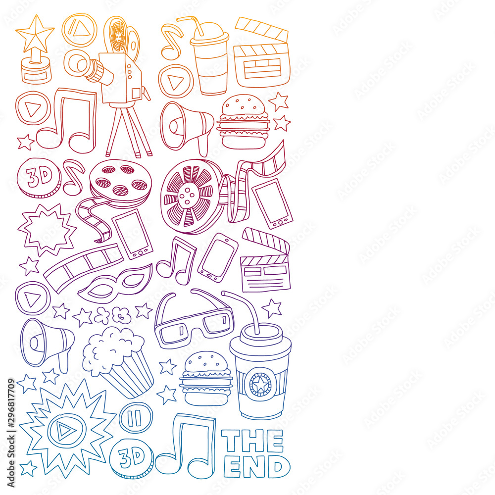 Cinema vector icons. Background with popcorn, movie illustration, musical notes.