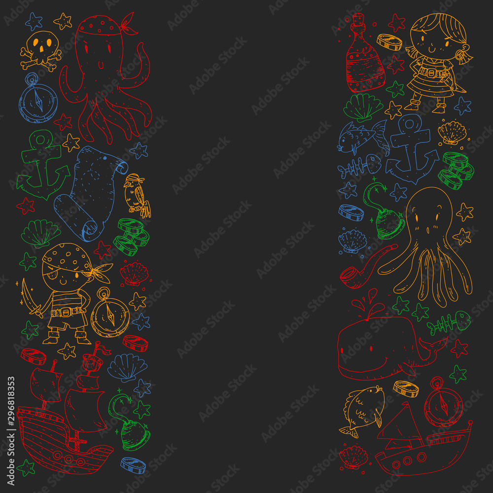 Obraz premium Pirate party. Illustrations for little children. Kids birthday celebration with treasure island, octopus, pirates