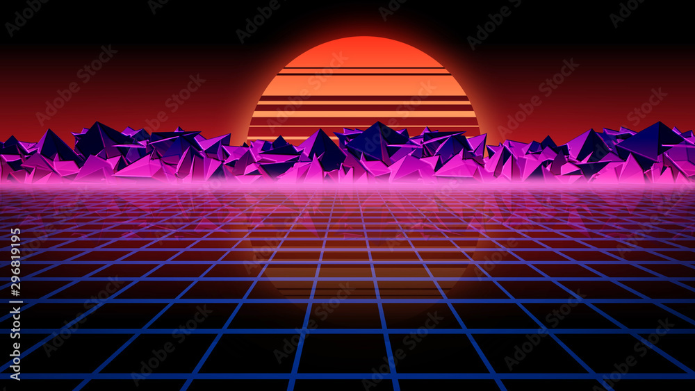3D rendering retro futuristic background. Virtual space on the background of stars and rocks - obrazy, fototapety, plakaty 