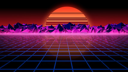 3D rendering retro futuristic background. Virtual space on the background of stars and rocks