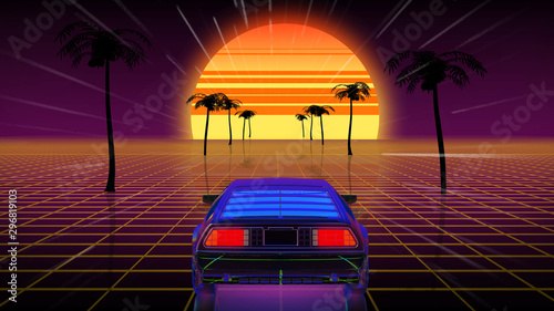 3D rendering bright retro futuristic world of computer space in the style of science fiction of the 80s. Futuristic car in virtual space