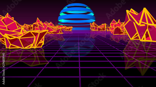 3D rendering retro futuristic bright background with a grid. 80s graphic design, retro fantasy