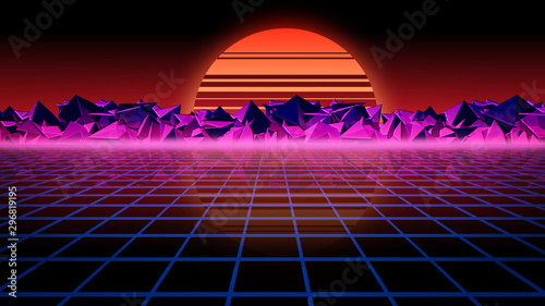 3D rendering retro futuristic background. Virtual space on the background of stars and rocks