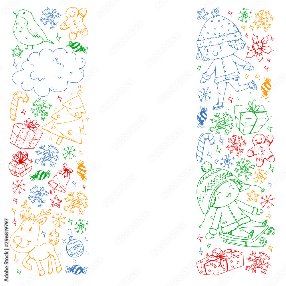 Christmas pattern with little children. Kids play and have fun during winter vacations.