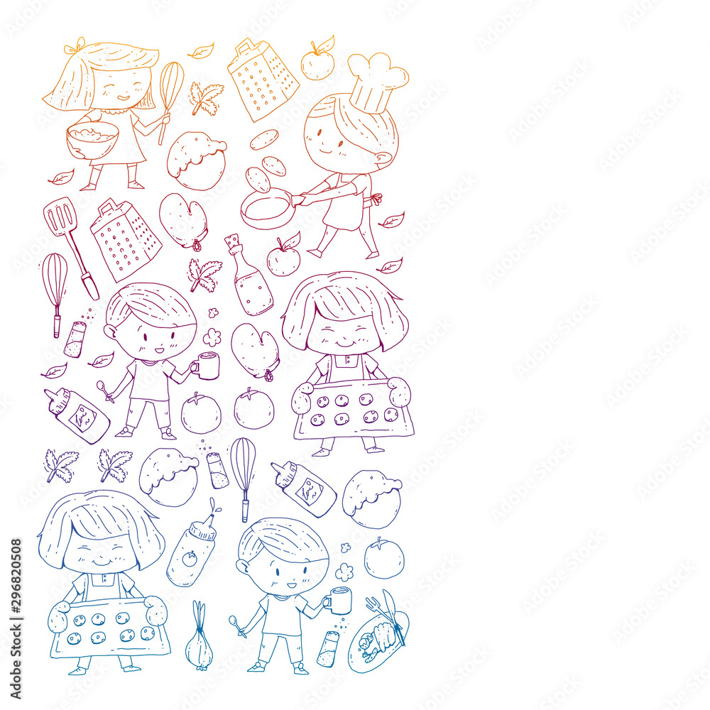 Healthy food and cooking. Fruits, vegetables, household. Doodle vector set.