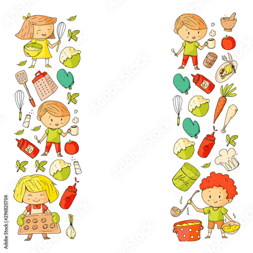 Healthy food and cooking. Fruits, vegetables, household. Doodle vector set.