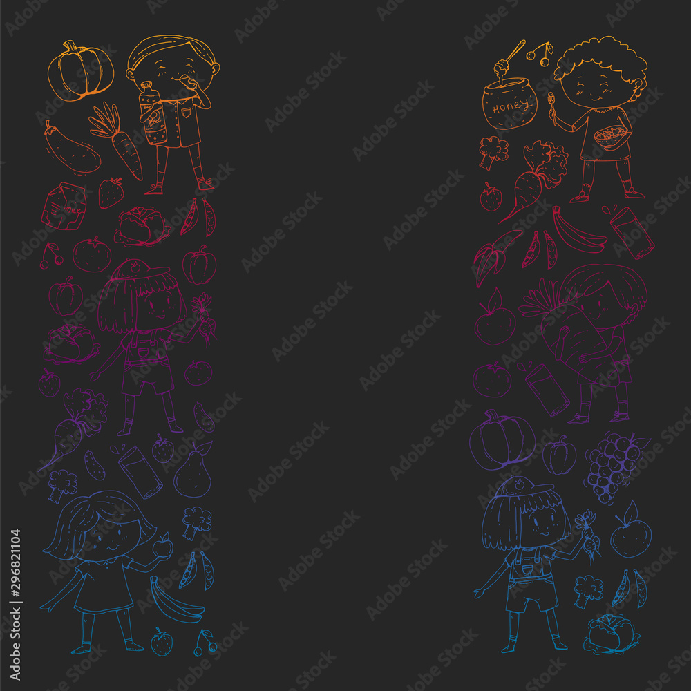 Fototapeta premium Children eating healthy food. Sport, fitness, healthy food concept, vintage style, heart shape. vector illustration