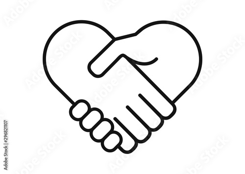 Hand palm care love symbol. Hands together. Heart symbol. Partnership business logo. Two hands make a deal. Handshake, cooperation and teamwork, love and relationship vector logo icon.