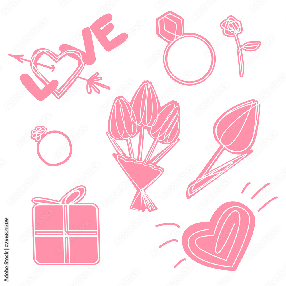 Set of objects and elements for Valentine's Day. Heart, flowers, tulips, ring, gift. Vector graphics.