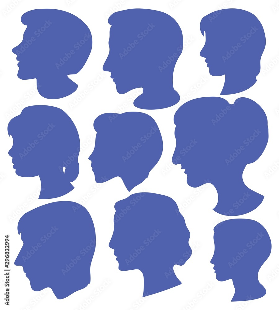 set of monochrome male, female, children's profiles