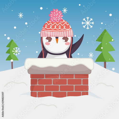 cute penguin waving hand in chimney merry christmas