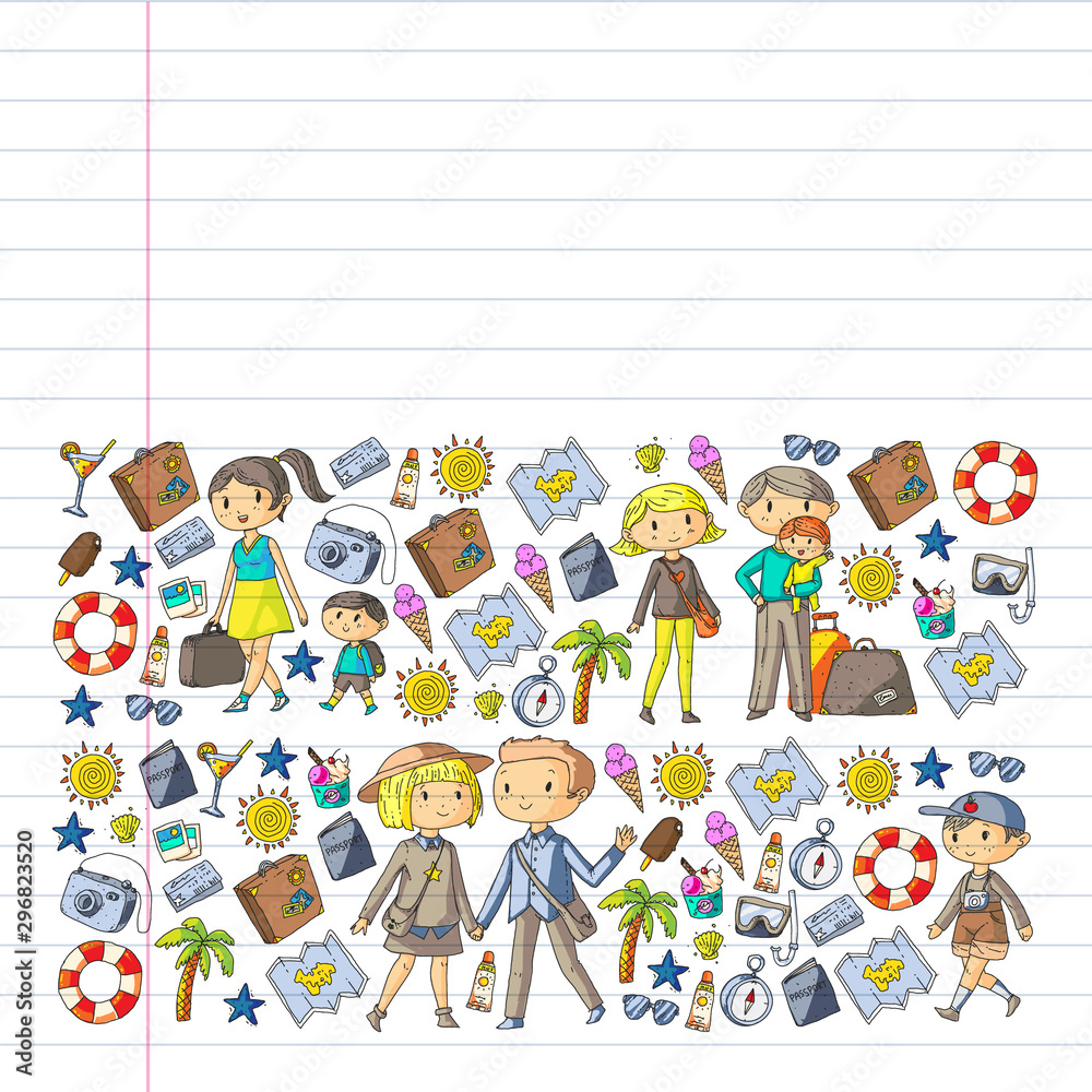 Vector pattern with travel and beach icons. Parents with little kids. Children summer vacation. Vector pattern with travel and beach icons. Parents with little kids. Children summer vacation.