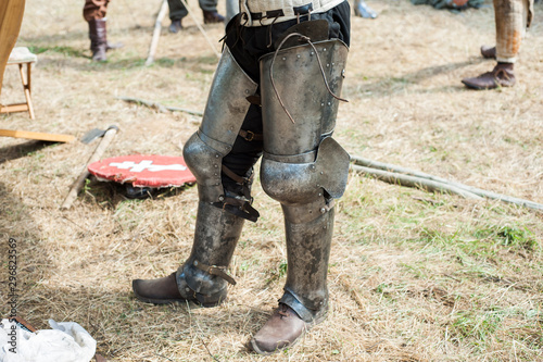 Detail of medieval blacksmith's clothing, tools and weapons in the traditional yearly Medieval Market celebration in monastery of Manasija in Serbia