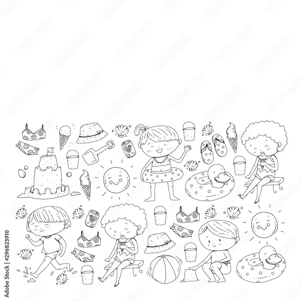 Children summer vacation. Holidays with little kids. Sea, beach and ocean. Travel and adventure vector pattern.