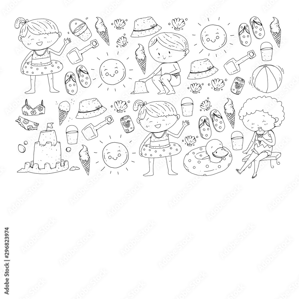 Children summer vacation. Holidays with little kids. Sea, beach and ocean. Travel and adventure vector pattern.