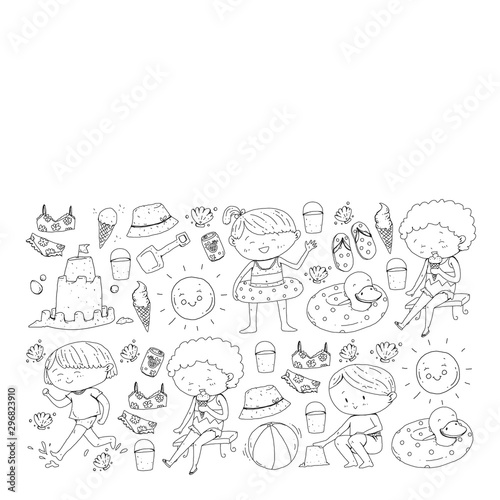 Children summer vacation. Holidays with little kids. Sea, beach and ocean. Travel and adventure vector pattern. © helen_f