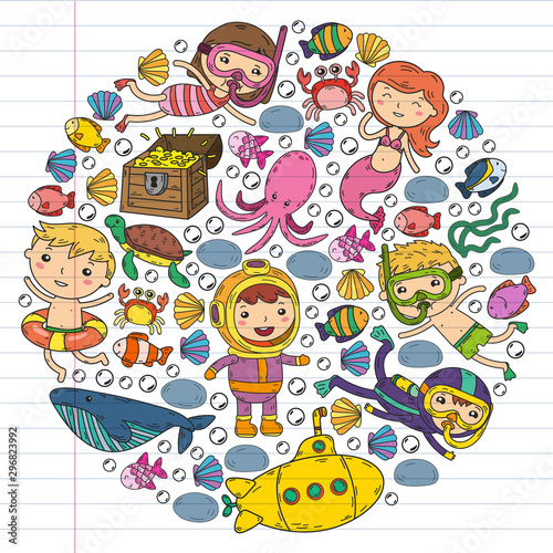 Underwater. Kids waterpark. Sea and ocean adventure. Summertime. Kids drawing. Doodles image. Cartoon creatures with children. Boys and girls swimming