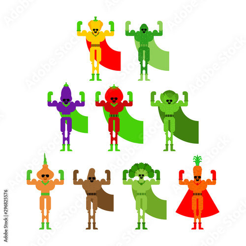 Vegetable superhero set. Super Team Vegetables in mask and raincoat. Strong Tomato and cabbage. Bell pepper and eggplant. Potatoes, onions and broccoli. Cucumber and carrots.
