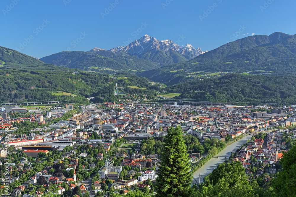 Innsbruck, Austria. View of the city from observation point at Hungerburg district. Serles mountain of Stubai Alps is visible on the background.