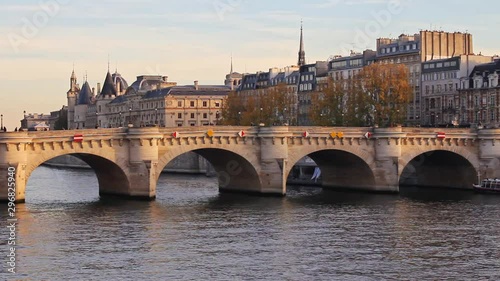 Sena river, bridge, trees, walk path and buildings in Paris