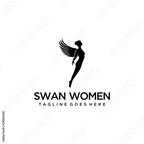 Simple luxury pretty woman with swan logo design template illustration