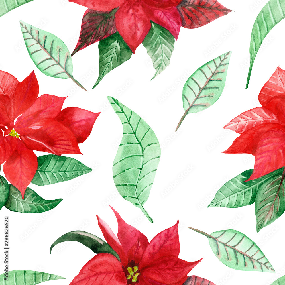 Obraz premium Watercolor hand painted Christmas seamless pattern with red poinsettia flower and green leaves around isolated on white background for Christmas gifts, wrapping paper and holiday textiles.